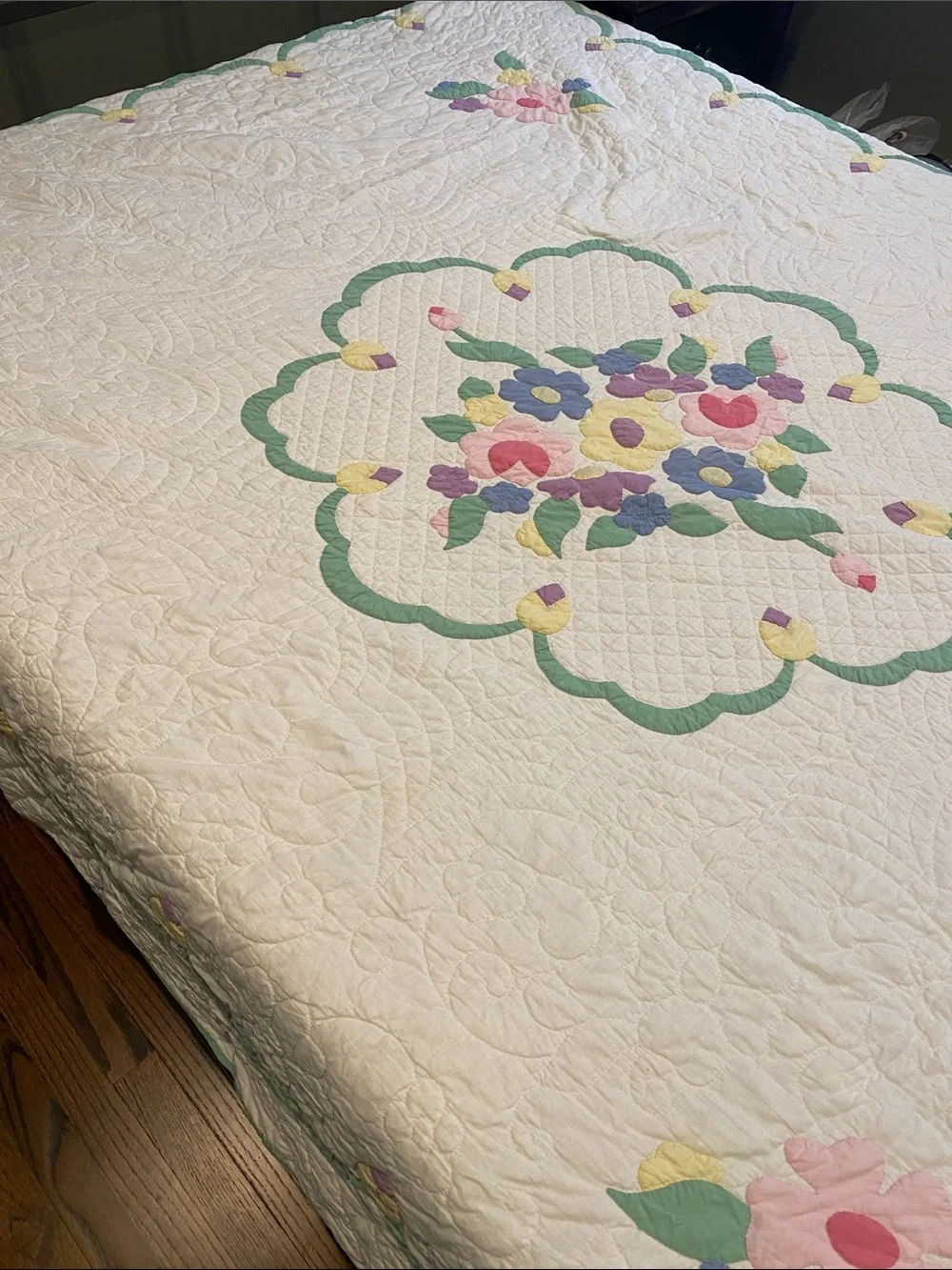Handmade Cotton White Floral Quilt with Pastel florals appliqué